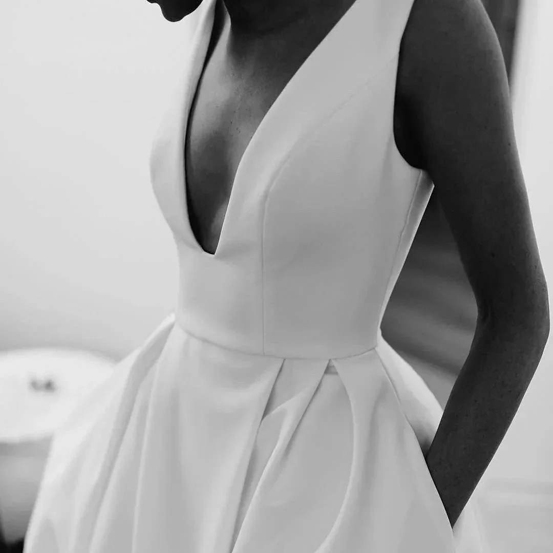 A Line Deep V Neck Open Back White Long Wedding Dresses Bridal Gown WD641 - Image 5
