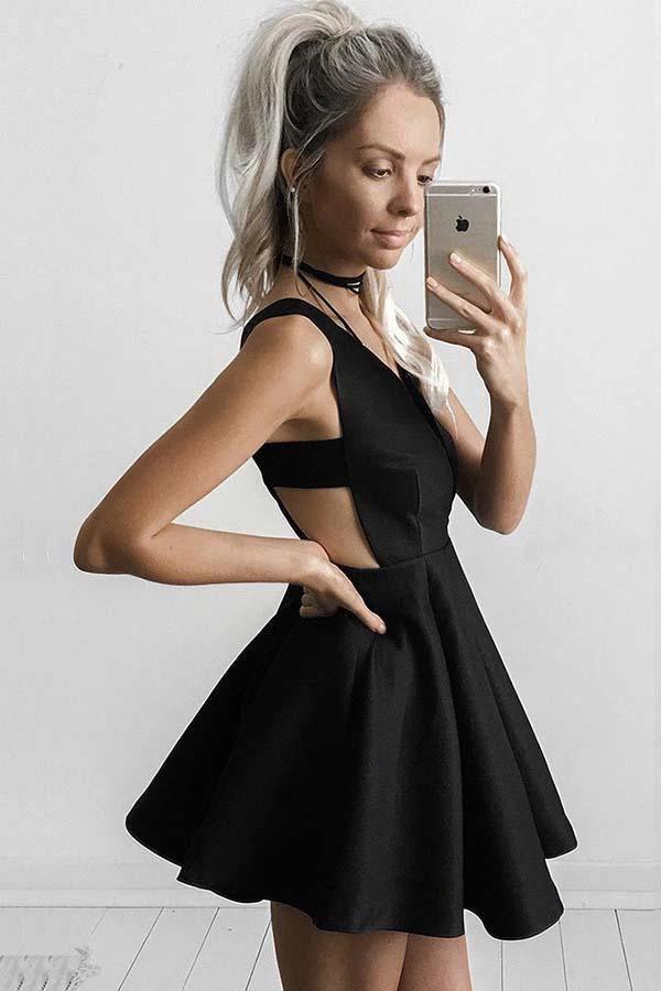A-Line Deep V-Neck Short Cut Out Black Satin Homecoming Dress PD149 - Image 2