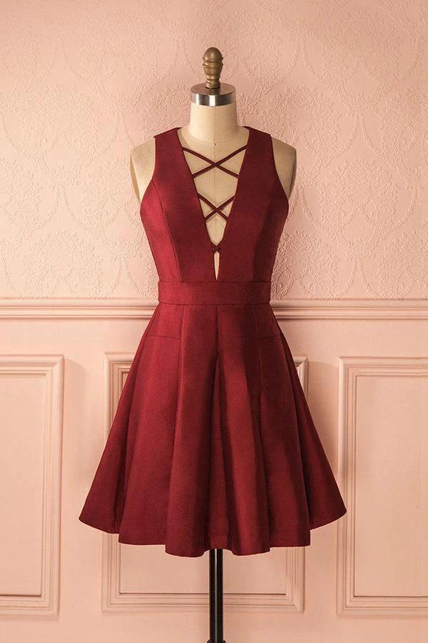 A-Line Deep V-Neck Sleeveless Lace-up Burgundy Satin Homecoming Dress PD386 - Image 2