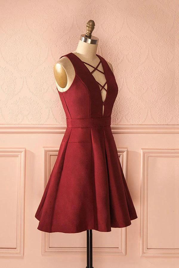 A-Line Deep V-Neck Sleeveless Lace-up Burgundy Satin Homecoming Dress PD386 - Image 3