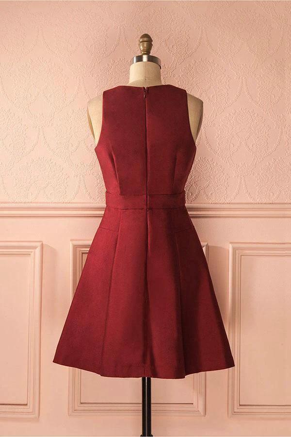 A-Line Deep V-Neck Sleeveless Lace-up Burgundy Satin Homecoming Dress PD386 - Image 4