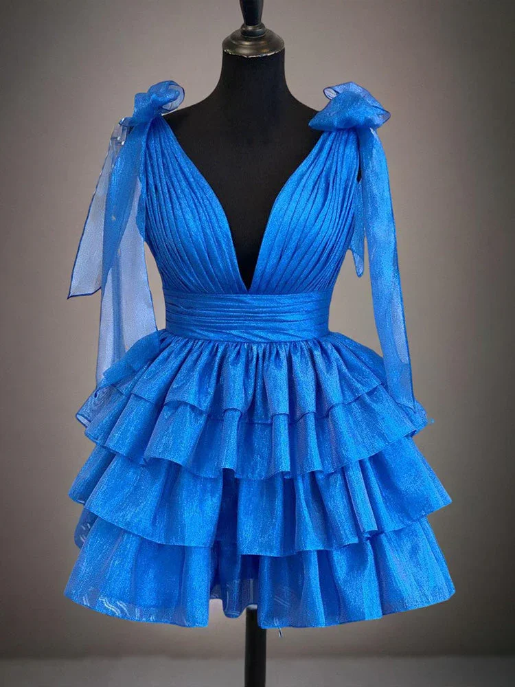 A-Line Deep V-Neck Tiered Sparkly Organza Homecoming Dress - Image 4