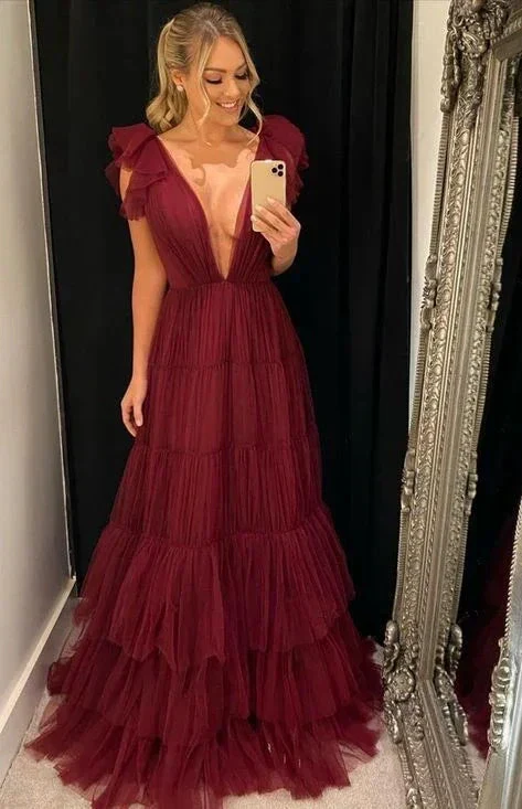 A-line Deep V Neck Tulle Evening Dress Y5931 - Image 2