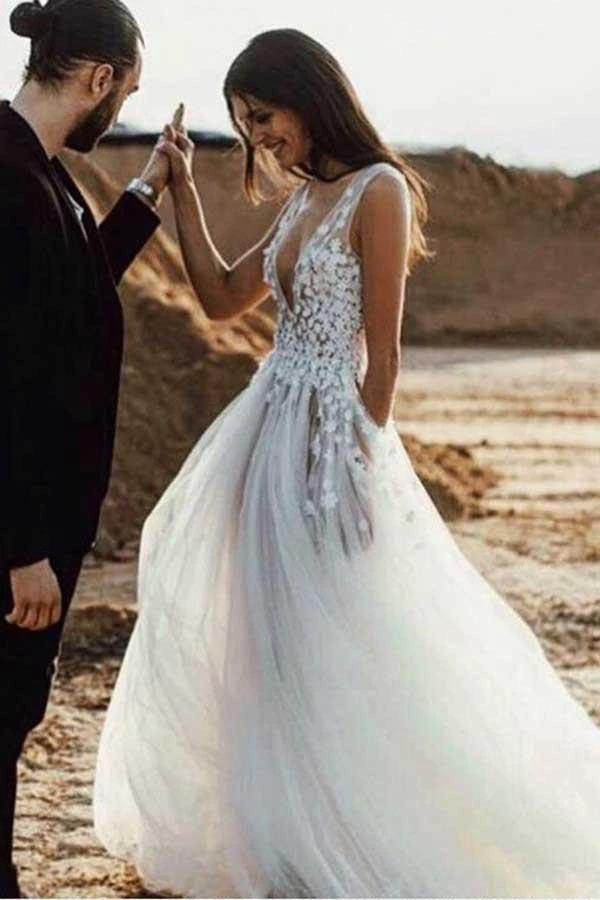 A-Line Deep V-Neck Tulle Wedding Dress with Appliques Split WD245 - Image 2
