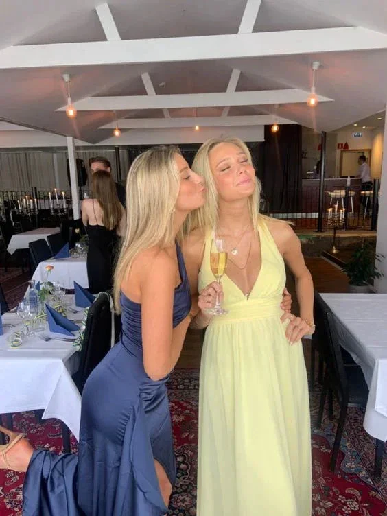 A-line Deep V Neck Yellow Prom Dress,Navy Blue Mermaid Evening Dress Y1958 - Image 2