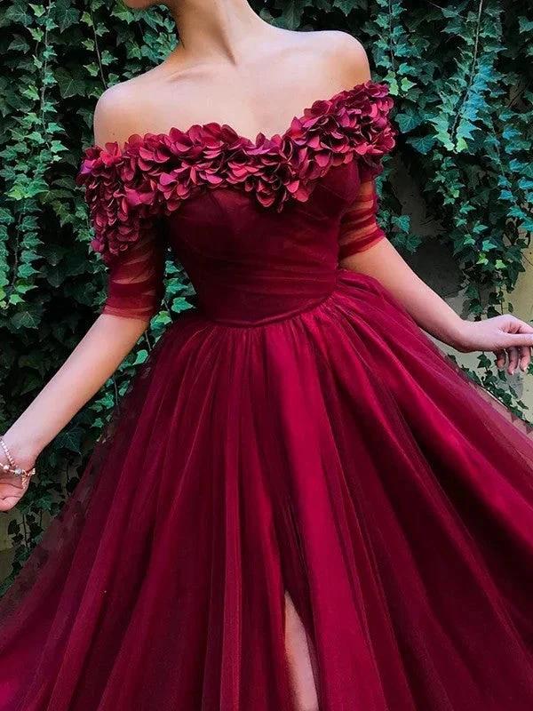 A-Line/Elegant 1/2 Sleeves Off-the-Shoulder Ruffles Tulle Prom Dresses - Image 2
