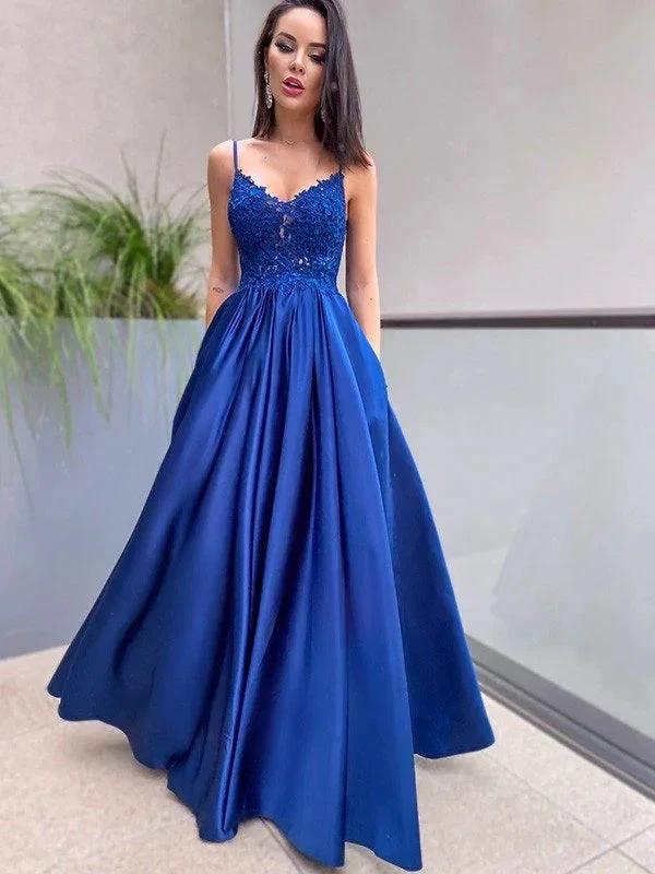 A-Line/Elegant Applique Spaghetti Straps Satin Sleeveless Floor-Length Prom Dresses - Image 2