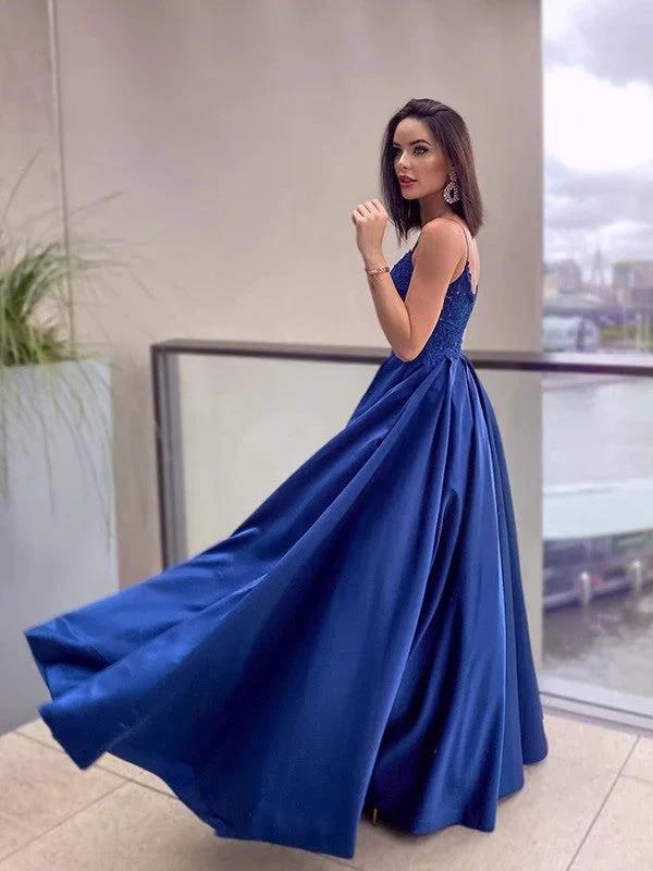 A-Line/Elegant Applique Spaghetti Straps Satin Sleeveless Floor-Length Prom Dresses - Image 3