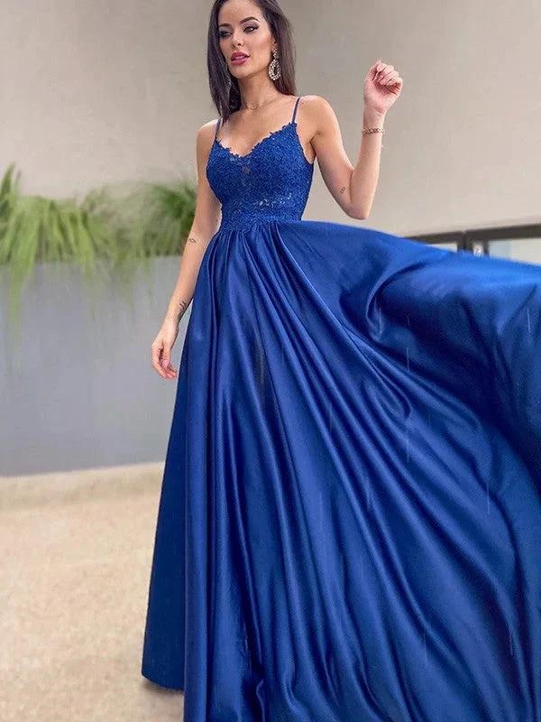 A-Line/Elegant Applique Spaghetti Straps Satin Sleeveless Floor-Length Prom Dresses - Image 5
