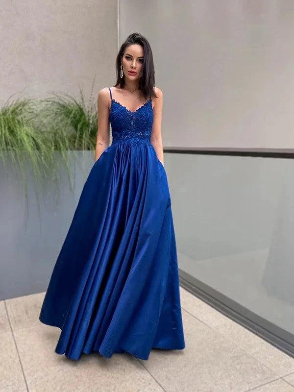 A-Line/Elegant Applique Spaghetti Straps Satin Sleeveless Floor-Length Prom Dresses - Image 6