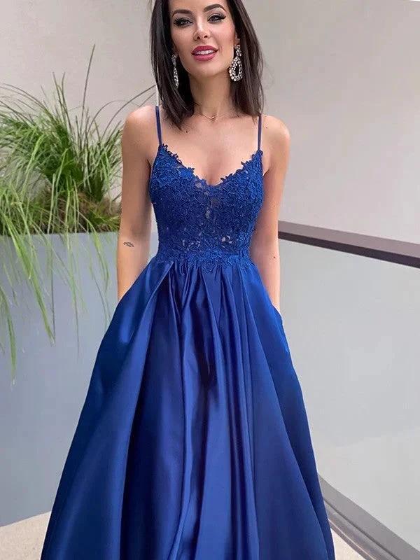 A-Line/Elegant Applique Spaghetti Straps Satin Sleeveless Floor-Length Prom Dresses - Image 7