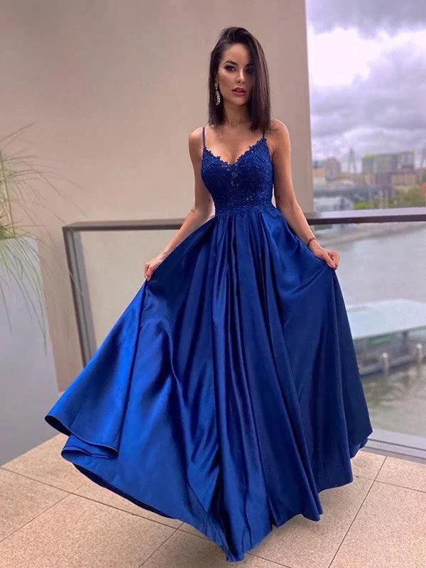 A-Line/Elegant Applique Spaghetti Straps Satin Sleeveless Floor-Length Prom Dresses - Image 8
