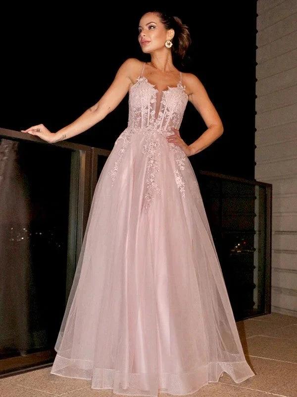 A-Line/Elegant Applique Spaghetti Straps Sleeveless Tulle Floor-Length Prom Dresses - Image 2