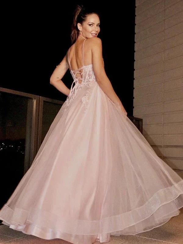 A-Line/Elegant Applique Spaghetti Straps Sleeveless Tulle Floor-Length Prom Dresses - Image 3