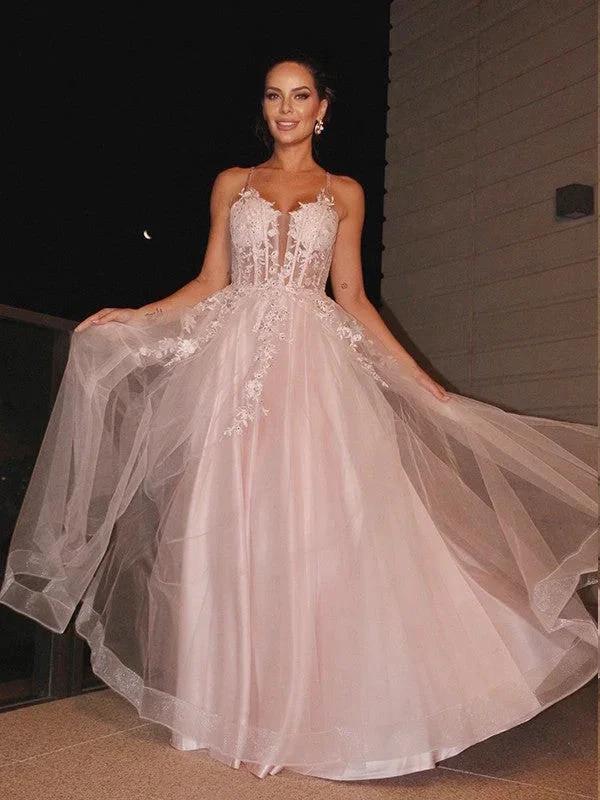 A-Line/Elegant Applique Spaghetti Straps Sleeveless Tulle Floor-Length Prom Dresses - Image 4