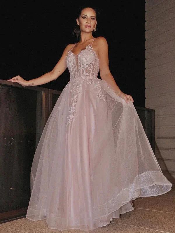 A-Line/Elegant Applique Spaghetti Straps Sleeveless Tulle Floor-Length Prom Dresses - Image 5