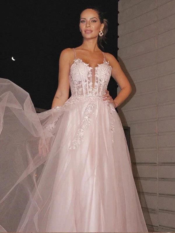 A-Line/Elegant Applique Spaghetti Straps Sleeveless Tulle Floor-Length Prom Dresses - Image 6