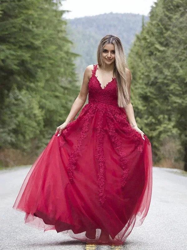 A-Line/Elegant Applique Tulle Sleeveless V-neck Floor-Length Prom Dresses - Image 2