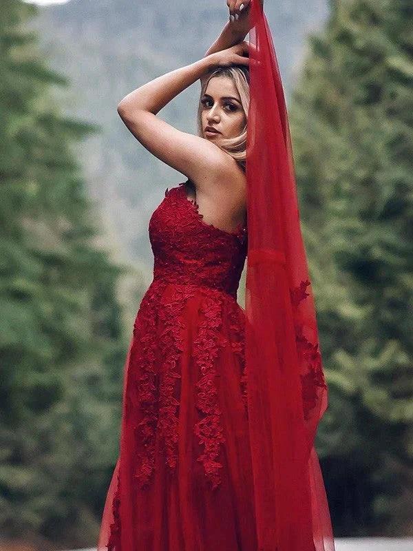 A-Line/Elegant Applique Tulle Sleeveless V-neck Floor-Length Prom Dresses - Image 3