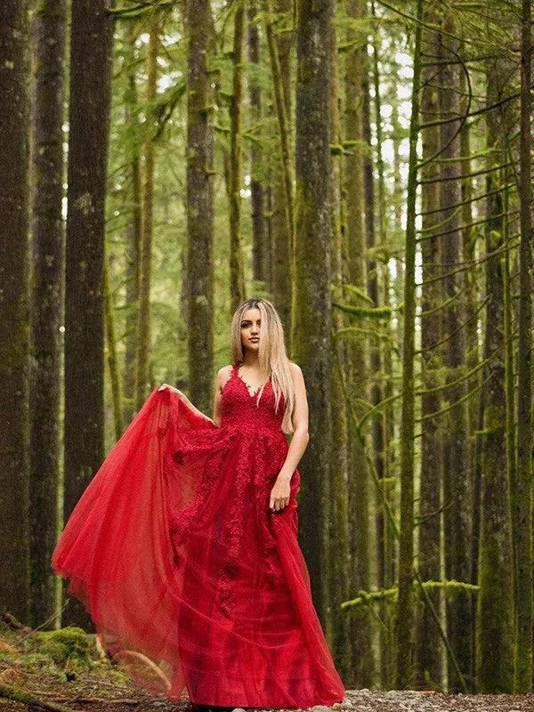 A-Line/Elegant Applique Tulle Sleeveless V-neck Floor-Length Prom Dresses - Image 5