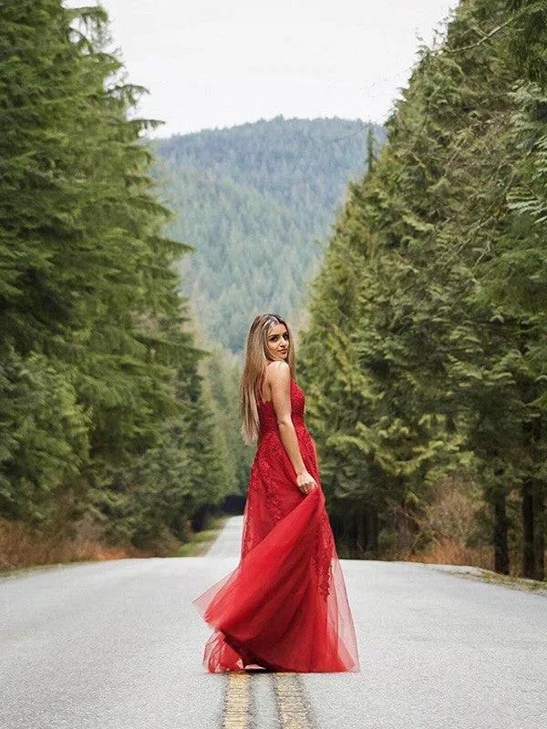 A-Line/Elegant Applique Tulle Sleeveless V-neck Floor-Length Prom Dresses - Image 6