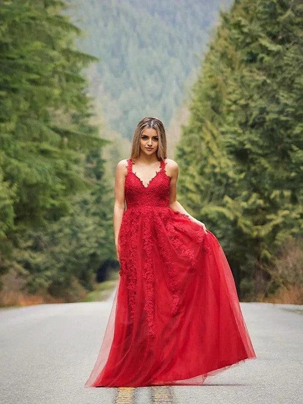 A-Line/Elegant Applique Tulle Sleeveless V-neck Floor-Length Prom Dresses - Image 8
