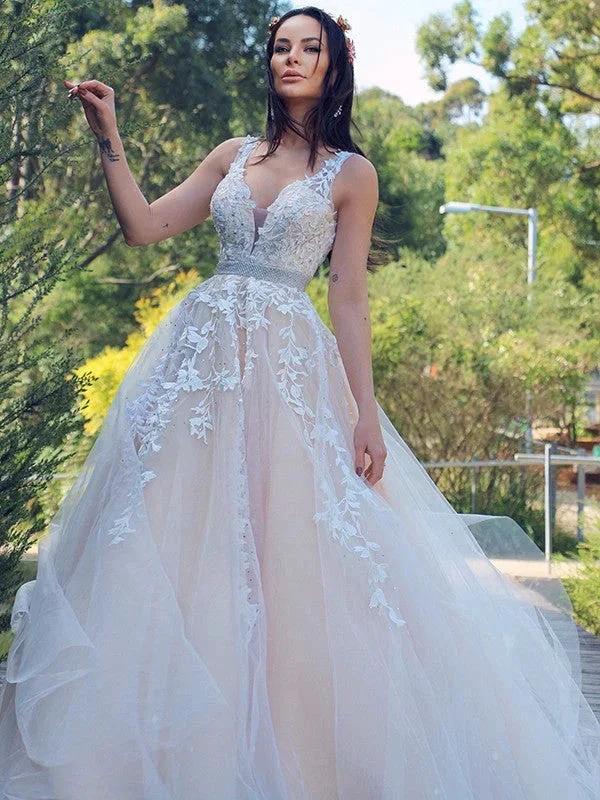 A-Line/Elegant Applique Tulle Sleeveless V-neck Prom Dresses - Image 2