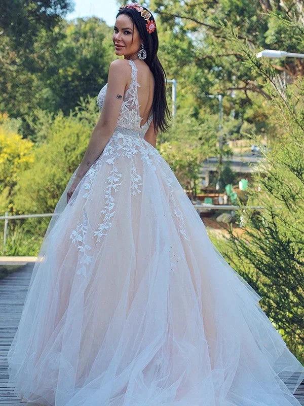 A-Line/Elegant Applique Tulle Sleeveless V-neck Prom Dresses - Image 3
