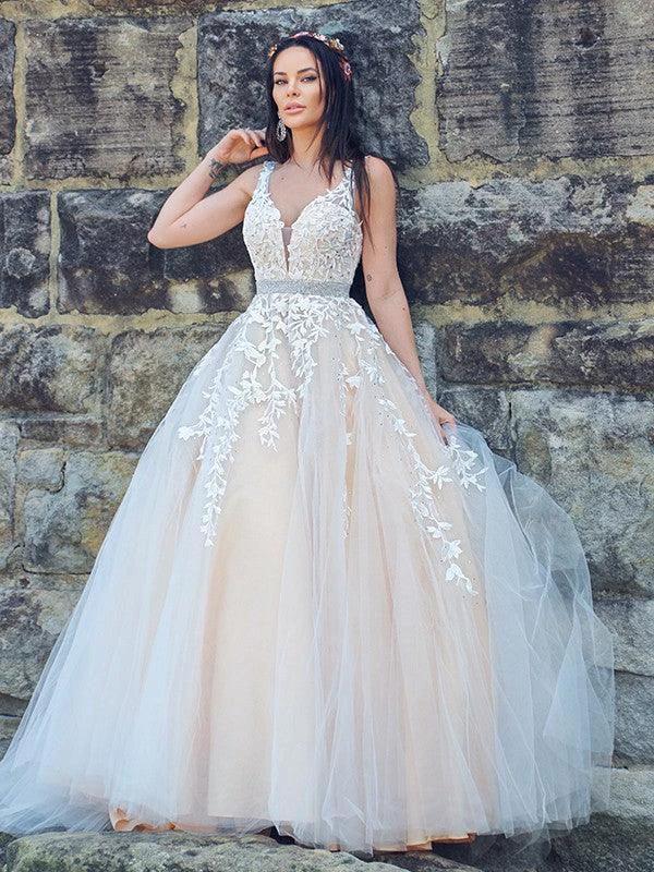 A-Line/Elegant Applique Tulle Sleeveless V-neck Prom Dresses - Image 4