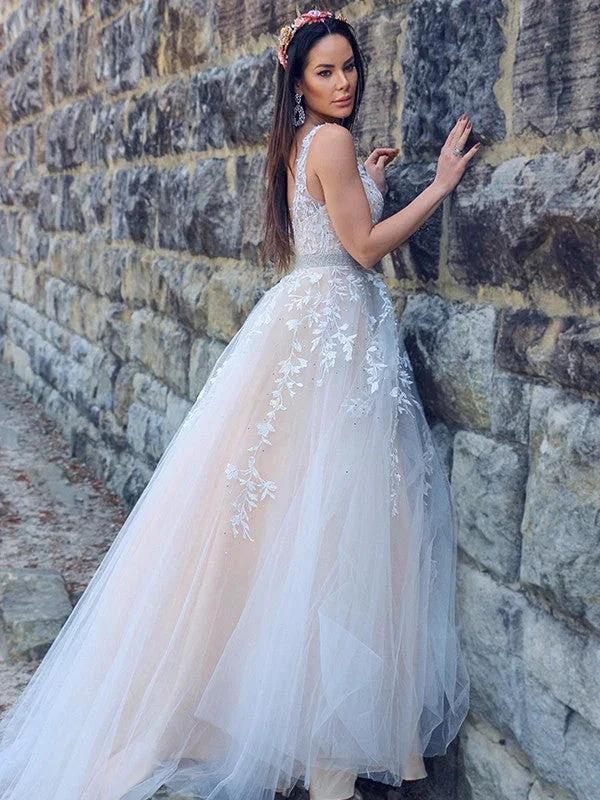 A-Line/Elegant Applique Tulle Sleeveless V-neck Prom Dresses - Image 5