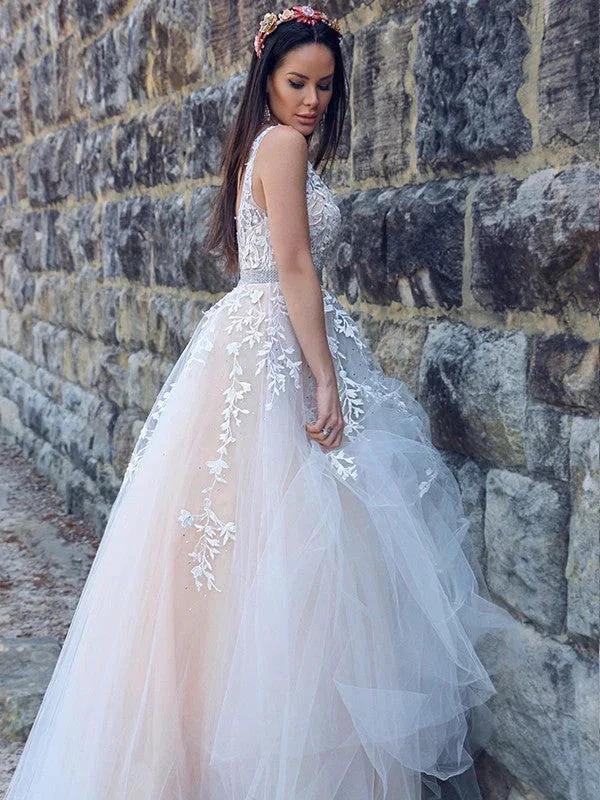 A-Line/Elegant Applique Tulle Sleeveless V-neck Prom Dresses - Image 7