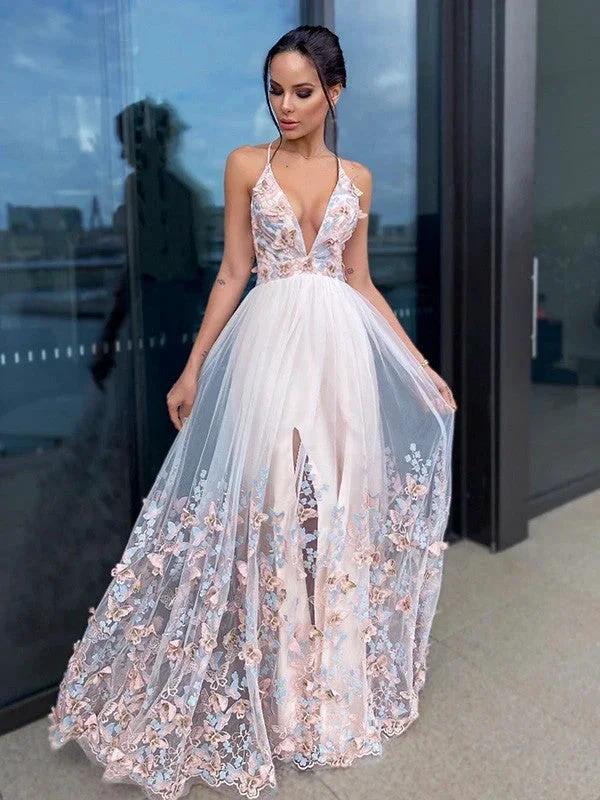 A-Line/Elegant Applique Tulle V-neck Sleeveless Floor-Length Prom Dresses - Image 2