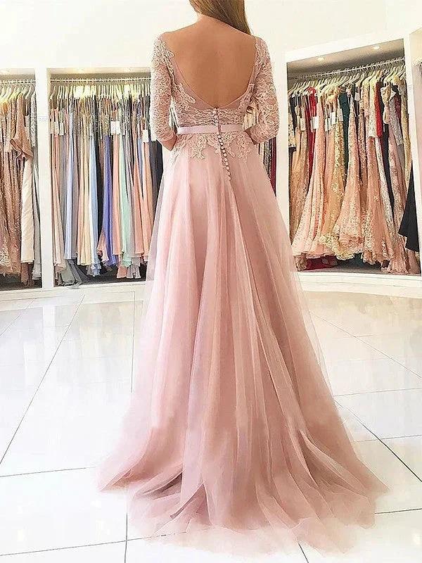 A-Line/Elegant Bateau 3/4 Sleeves Applique Tulle Prom Dresses - Image 2