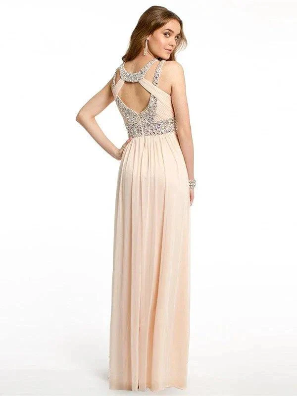 A-Line/Elegant Bateau Beading Sleeveless Chiffon Floor-Length Prom Dresses - Image 2