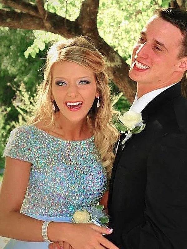 A-Line/Elegant Bateau Short Sleeves Beading Satin Prom Dresses - Image 2