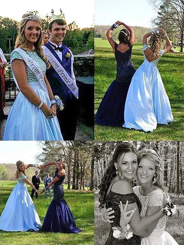 A-Line/Elegant Bateau Short Sleeves Beading Satin Prom Dresses - Image 3