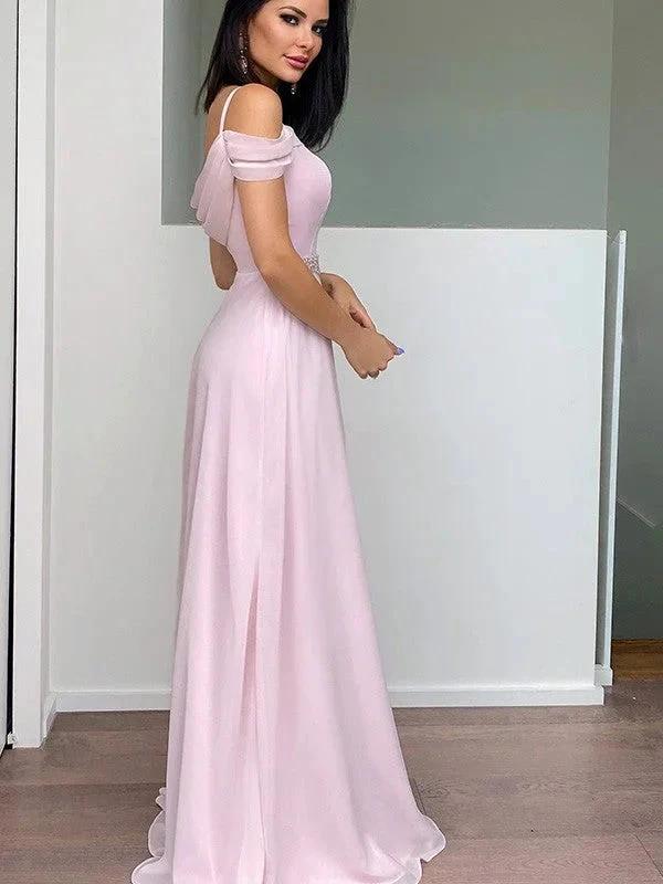 A-Line/Elegant Chiffon Beading Straps Sleeveless Floor-Length Prom Dresses - Image 3