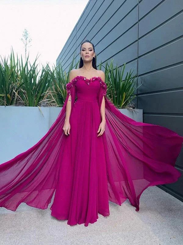 A-Line/Elegant Chiffon Floor-Length Long Sleeves Ruffles Off-the-Shoulder Prom Dresses - Image 2