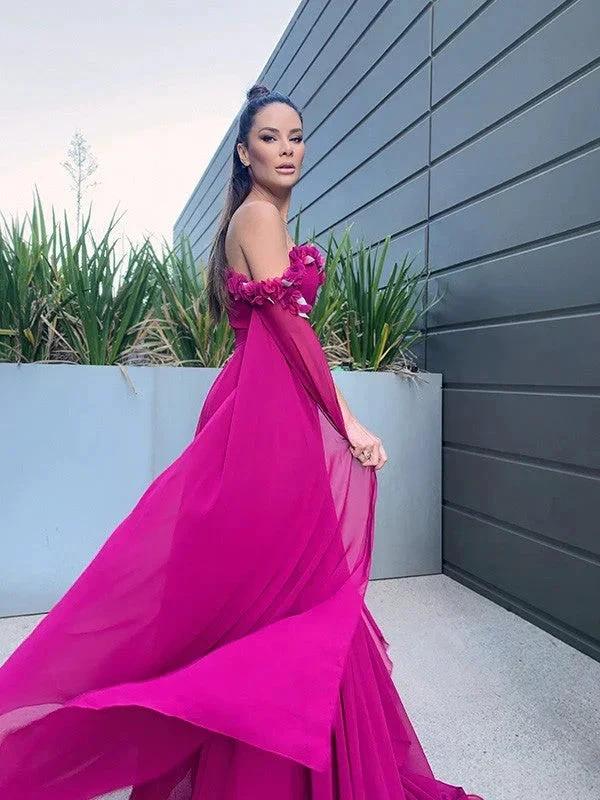 A-Line/Elegant Chiffon Floor-Length Long Sleeves Ruffles Off-the-Shoulder Prom Dresses - Image 3