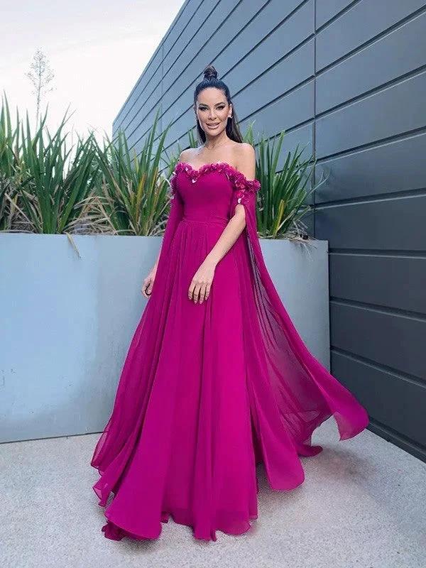 A-Line/Elegant Chiffon Floor-Length Long Sleeves Ruffles Off-the-Shoulder Prom Dresses - Image 4