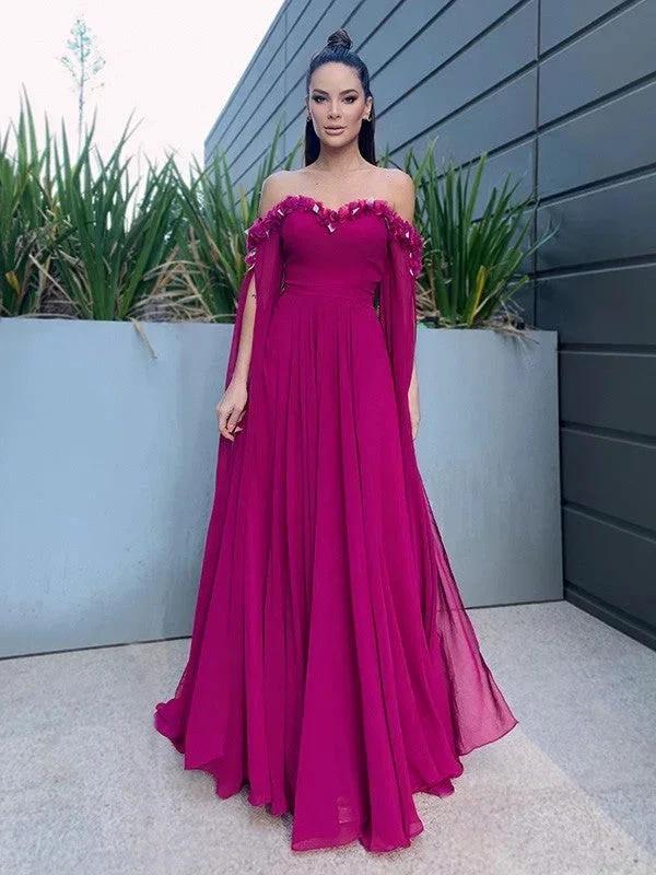 A-Line/Elegant Chiffon Floor-Length Long Sleeves Ruffles Off-the-Shoulder Prom Dresses - Image 5