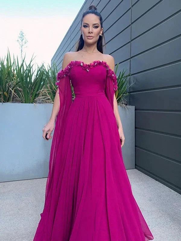A-Line/Elegant Chiffon Floor-Length Long Sleeves Ruffles Off-the-Shoulder Prom Dresses - Image 6