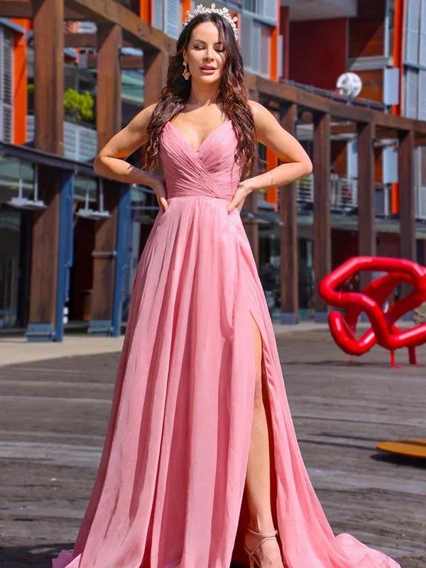 A-Line/Elegant Chiffon Ruched Spaghetti Straps Sleeveless Prom Dresses - Image 2