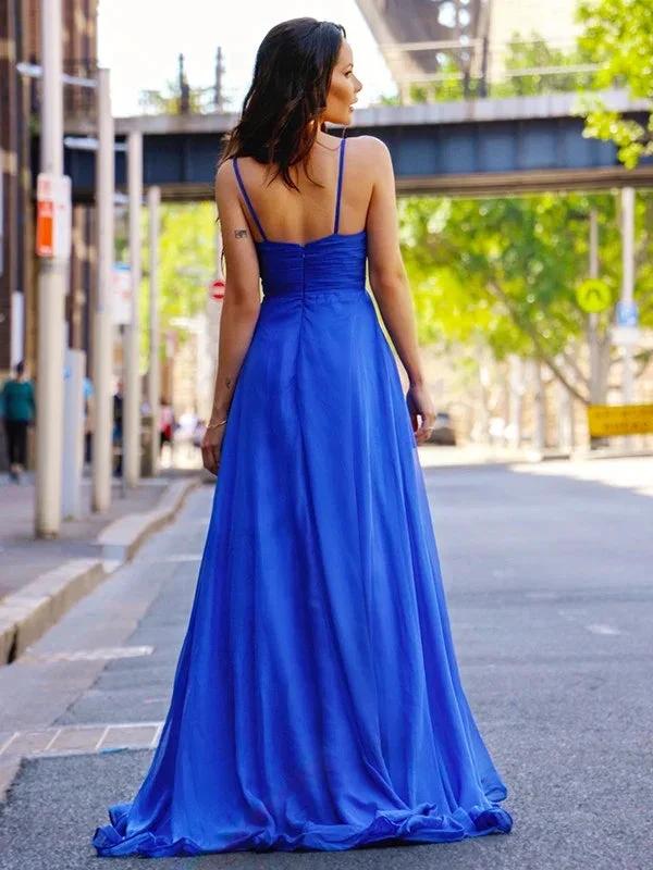 A-Line/Elegant Chiffon Ruched Spaghetti Straps Sleeveless Prom Dresses - Image 3