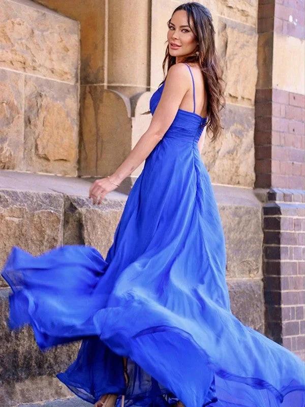 A-Line/Elegant Chiffon Ruched Spaghetti Straps Sleeveless Prom Dresses - Image 5