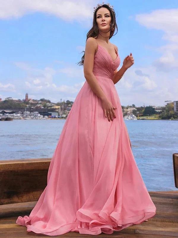 A-Line/Elegant Chiffon Ruched Spaghetti Straps Sleeveless Prom Dresses - Image 7