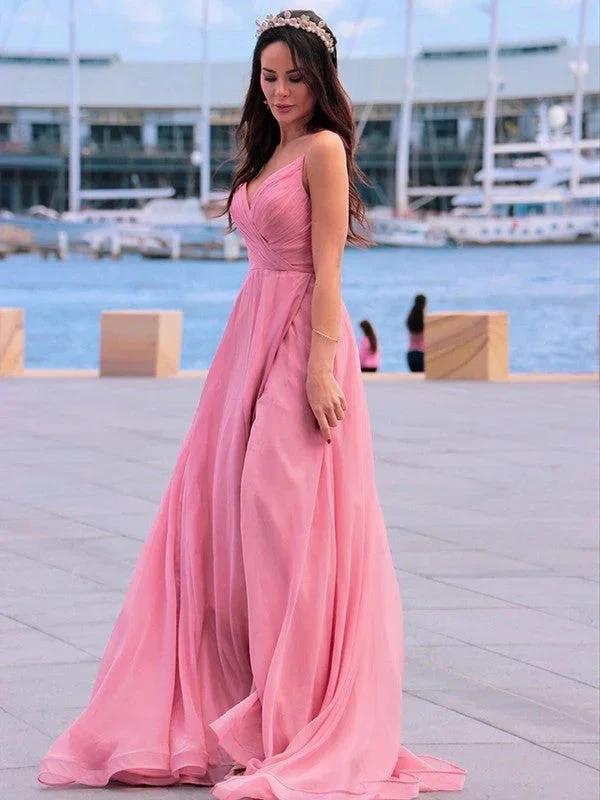 A-Line/Elegant Chiffon Ruched Spaghetti Straps Sleeveless Prom Dresses - Image 8