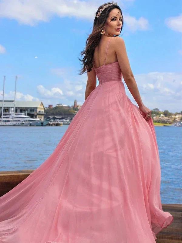 A-Line/Elegant Chiffon Ruched Spaghetti Straps Sleeveless Prom Dresses - Image 9