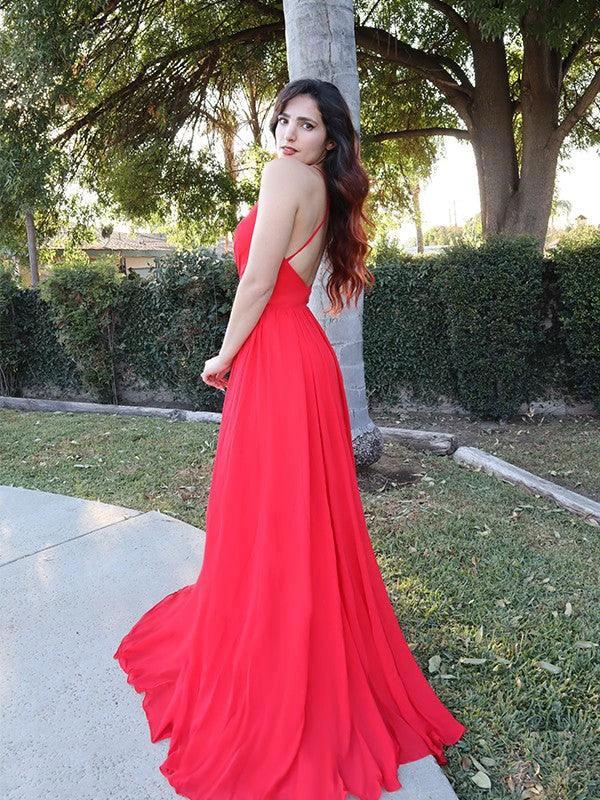 A-Line/Elegant Chiffon Spaghetti Straps Ruffles Sleeveless Floor-Length Prom Dresses - Image 3
