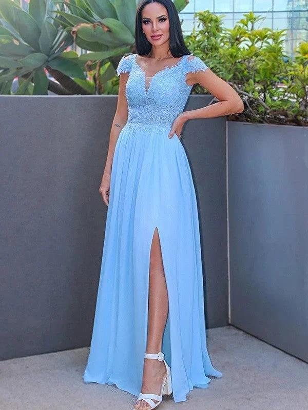 A-Line/Elegant Floor-Length Off-the-Shoulder Sleeveless Chiffon Applique Prom Dresses - Image 2